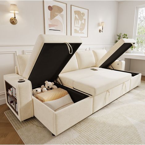 REDOM - Sofá rinconero en U 270x125x86 cm, convertible, almacenaje integrado, puertos USB y Type C, chenilla beige (1/5)