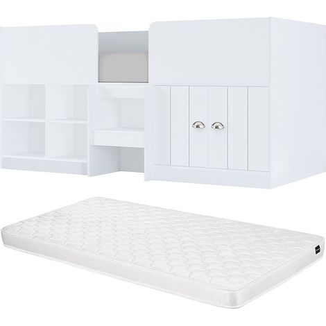 Letto mezza altezza 90x 190 cm Con vani portaoggetti Bianco + Materasso - BOUTANIO