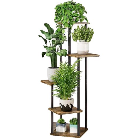 Soporte para plantas, diseño de varios niveles, construcción de metal resistente, 5 niveles de metal + madera. (1/2)