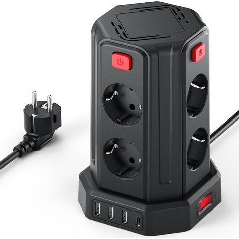 Multiprise avec Interrupteur, 12 en 1 Prise Multiple 8 Sorties AC avec 3 USB, Parafoudre et Surtension avec Rallonge Electrique 2M, Tour Multiprise pour Maison, Bureau Noir (1/5)