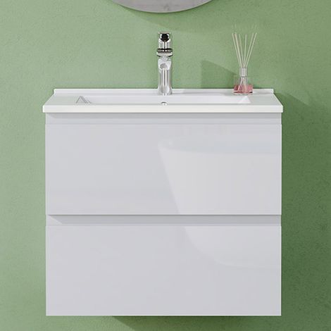 AVER-GROWTH 600mm Gloss White Bathroom Vanity Unit With Wash Basin Ceramic Sink, 2 Soft-Close Drawers for Storage, Wall Hung Cabinets (1/5)