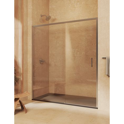 Paroi de douche coulissante + fixe, sans profilé inférieur, verre de sécurité 6 mm anticalcaire, 163,5 à 168 cm x 195cm H, RÉVERSIBLE, Argenté