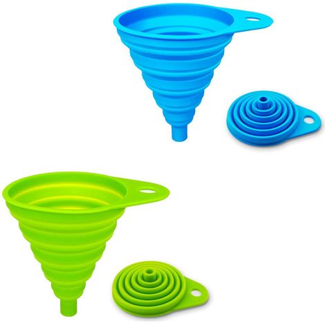 2 Entonnoirs en silicone pliables (Vert & Bleu), entonnoirs de cuisine flexibles et compacts pour bouteilles à goulot étroit ou large, transfert d'eau et de liquides (1/5)