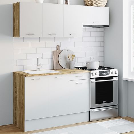 Cocina completa SUBTIL de 180 cm con encimera de 5 elementos en madera y blanco