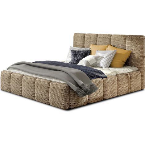 Lit adulte Vika – Tissu capitonné-Beige chiné-160x200-Version avec sommier (1/5)