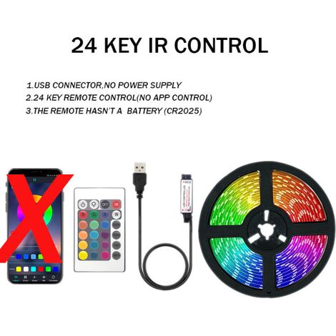 Bande lumineuse LED RGB USB 1/2/3/4/5 m, guirlande lumineuse LED 5 V avec télécommande infrarouge 24 boutons, câble d'alimentation rapide 2 m (1/5)