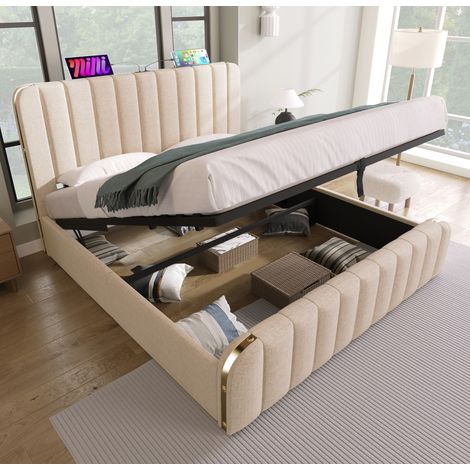 Bett 140x190 cm modern gepolstert in Beige mit Kopfteil, USB/Type-C und hydraulischem Stauraum unter dem Bett