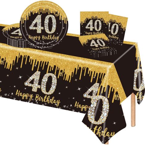 37 Pièces Assiette Vaisselle Jetable Anniversaire Kit,Noir Or Decoration Anniversaire Vaisselle 40 Ans Garçon Fille,Nappe Papier Assiette Serviette pour Decoration Anniversaire 40 Ans Cadeau (1/5)