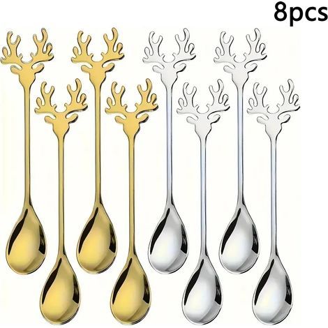 (Ensemble de couverts 8 pièces en acier inoxydable doré et argenté à motif de rennes, comprenant une cuillère à dessert, une cuillère à café et une cuillère à mélanger à motif de rennes de Noël) (1/5)
