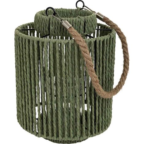 Farol portavelas de metal y cuerda de papel verde d19,5x19,5 (1/5)