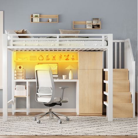 Lit mezzanine en métal blanc 140x200 cm avec bureau, armoire, étagère et escalier de rangement (1/5)