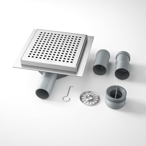 Caniveau de douche carré en acier inoxydable, 15 x 15 cm, avec siphon à 360° et filtre à cheveux, 2 adaptateurs de vidange DN50 DN40, caniveau d'écoulement plat, argenté (1/5)