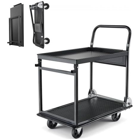 Carro Plataforma Plegable de 2 Niveles 73 x 47 cm, Carretilla de Transporte Carga de 317,51 kg, Carrito de Empuje con Plataforma con Ruedas de PU de 102 mm, para Tareas Domésticas, Almacén (1/5)