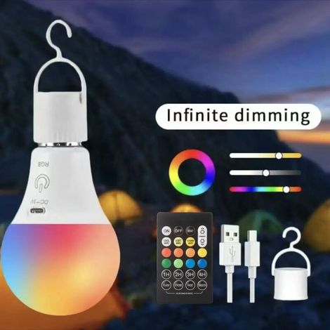 Lampe LED rechargeable avec télécommande, lampe à piles, lampe intelligente RGB à changement de couleur avec crochet, ampoule rechargeable à douille E26-AquaForge (1/5)