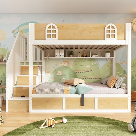Letto a castello in legno e metallo bianco e naturale 90x200 cm con scala contenitore, rete a doghe inclusa (1/4)
