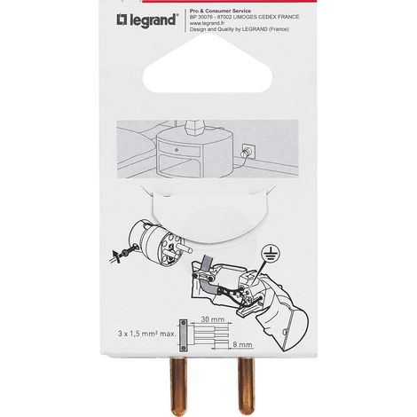 Legrand - Fiche mâle avec terre plastique - Sortie du câble par le dessous - Blanc (1/3)