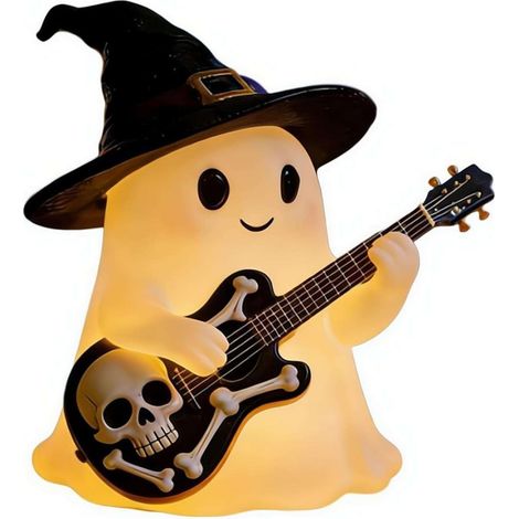 Lampe Fantôme Halloween avec Chapeau de Sorcière et Guitare, Veilleuse Gothique Décorative pour Table, Étagère et Cheminée (1/5)