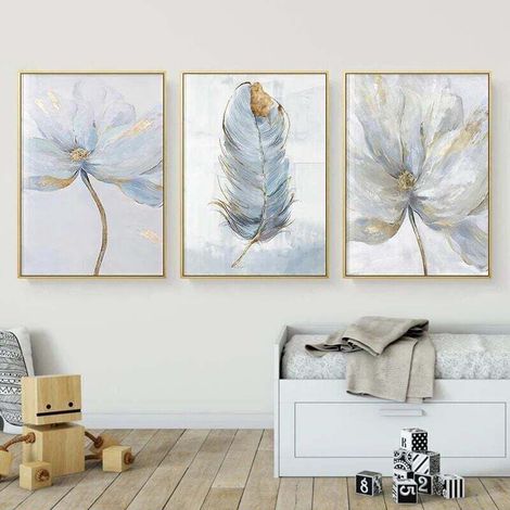 Lot de 3 tableaux scandinaves motif fleurs 30x40 cm – Toile lin sans cadre – Décoration élégante pour salon et chambre (1/5)