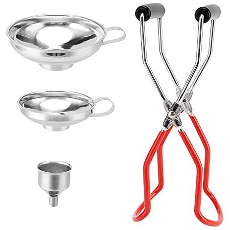 Set mit 4 Edelstahl-Küchentrichtern – 3 Edelstahltrichter mit Griff und Glasclip (14,7 cm, 10,3 cm, 3,5 cm) für Marmelade, Öl, Gewürze, Flüssigkeiten (1/5)