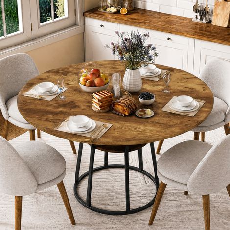 Table à manger ronde 6 personnes, plateau MDF en 4 parties, pieds en métal renforcé, tablette de rangement, pieds réglables, effet bois tigré (1/5)