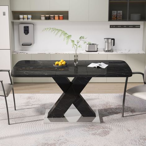Kérian Table à manger rectangulaire moderne extensible 120‑160 cm plateau effet marbre noir imprimé, pieds X MDF base métal (1/5)