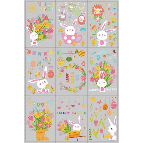 Osterhasen-Eieraufkleber-Set, 9er-Set, doppelseitig statisch aufladbare PVC-Aufkleber für Zuhause, Feste, Partys, Fenster, Wände und Türen