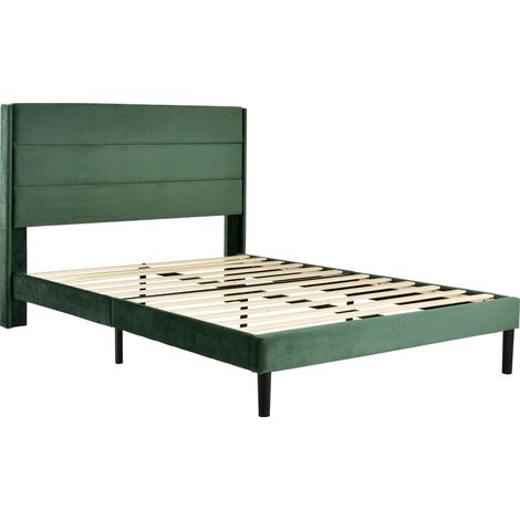 Cama tapizada 140 x 200 cm con somier de láminas y cabecero, terciopelo verde oscuro, diseño moderno (1/5)