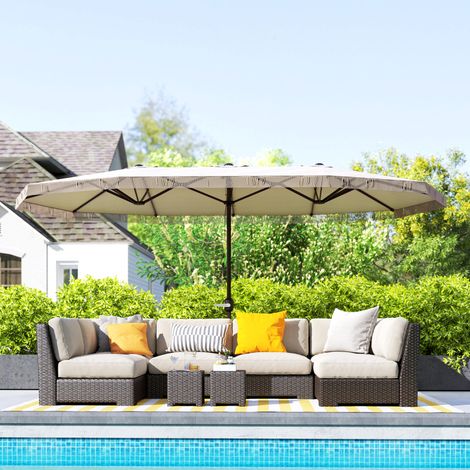 Parasol double à 12 baleines avec manivelle. En polyester et acier. 450 x 265 x 260 cm. Blanc crème.