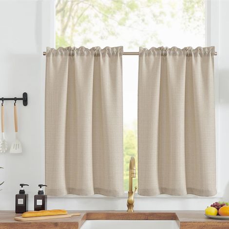 Rideaux Cuisine Court Beige 100L x 750H(cm) pour Meuble Bas Placard Fenetre,à Passe Tringle Intérieurs,Petit Rideau Brise-Bise,Moderne,2 Panneaux (1/5)