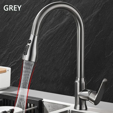 (Gris-G1/2) Robinet de cuisine à douchette extractible, rotation à 360°, eau chaude et froide, noir et argent, monotrou (1/5)