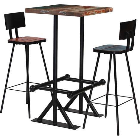 Ensemble Table de bar + 2 Chaises de bar - Table Haute avec 2 Tabourets Bois de récupération massif Multicolore BV613768 - BonneVie (1/5)