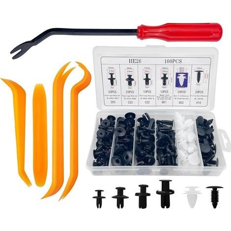 100 Pièces Clips de Fixation Voiture, 6 Taille Rivet Plastique et 4 Coins de Garniture de Voiture Ainsi Qu'Un Outil de Démontage De Fixation, Agrafe Carrosserie pour Auto Voitures Panneaux (1/4)