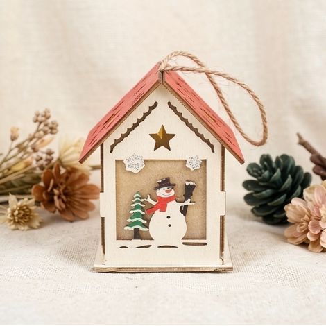Ornement maisonnette lumineuse bonhomme de neige bois, décoration de Noël intérieure LED (1/3)