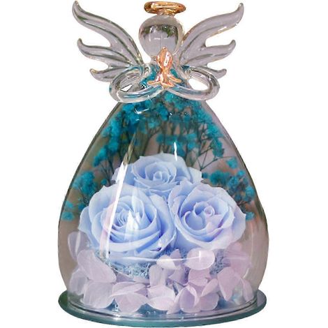 Roses éternelles sous cloche en verre, fleurs stabilisées à poser, cadeau de Noël pour maman, grand-mère, épouse, bleu clair, 1 (1/5)