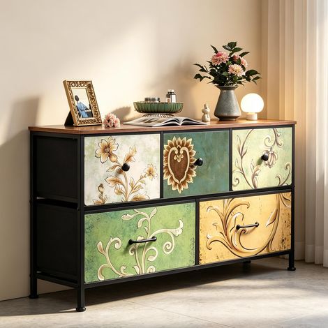 Commode à cinq tiroirs – meuble de rangement – motif floral – style campagnard américain – style color block (1/5)