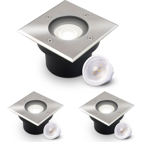 LED Bodeneinbaustrahler flach eckig Edelstahl 230V IP67 - Leuchtmittel: 5W 4000K DIMMBAR 60° - Anzahl: 3x (1/5)