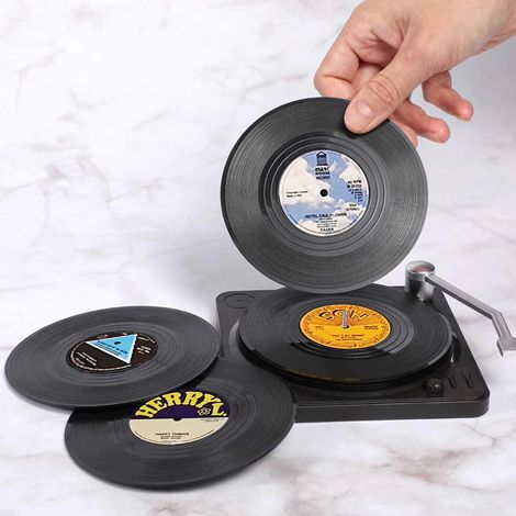 Dessous de verre en vinyle avec platine - Lot de 6 - Dessous de verre - Antidérapants - Vinyle - Platine - Disque vinyle - Ronds - Vintage - Fête - Musique - Dessous de verre en verre - Disques (1/5)
