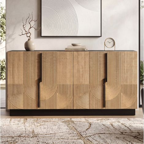 Vitrina de 160x42x76 cm con 4 puertas y detalles en relieve, ideal para salón o comedor, fabricada en MDF negro y natural. (1/5)