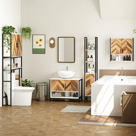 Armoire de salle de bain haute avec 3 étagères ouvertes, 1 porte et étagère anti-basculement réglable, 30 x 30 x 170 cm, blanc et noyer