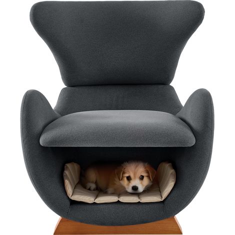 Fauteuil lounge pour chat et petit chien, tissu gris anti-griffures, niche intégrée sous l’assise, siège design confortable pour salon, bureau ou lecture CHICFURN (1/5)