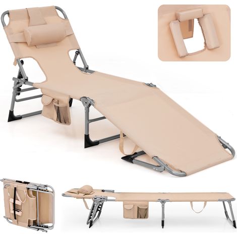 Chaise longue pliante beige en Oxford avec dossier réglable 5 positions et appui-tête amovible pour jardin, terrasse et plage (1/5)