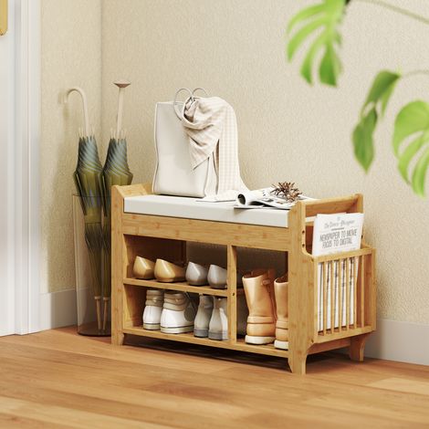 Banco Zapatero con Asiento Acolchado Almacenamiento Lateral Estante para Botas Marco de Bambú 80x30x50 cm Natural (1/5)