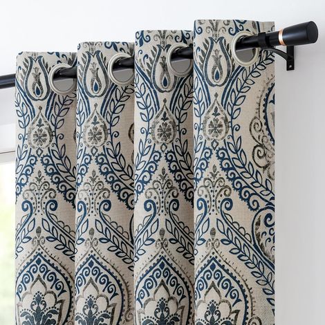 Lot de 2 Rideaux occultants damassés à imprimé Cachemire Bleu pour Chambre à Coucher et Salon, Rideaux Vintage texturés en Lin, 243,8 cm, Bleu sur Beige (1/5)