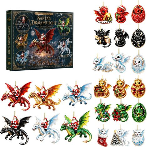 Drachen-Adventskalender 2026, 24-teilige 2D-Acryl-Hängedekorationen mit Weihnachtsdrachen- und Weihnachtsmannmotiven, einzigartige Weihnacht (1/5)