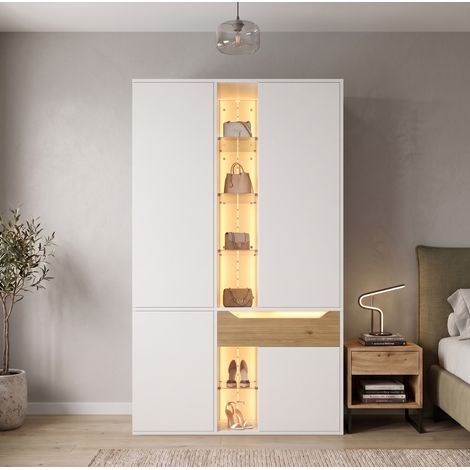 Armoire 122/50/200 cm blanche avec vitrine éclairée, tiroir et penderie (1/5)