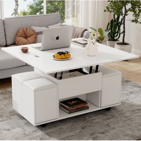 Tavolino rialzabile in legno con vano portaoggetti, ruote, ripiano aperto e 4 sedie, bianco (1/5)