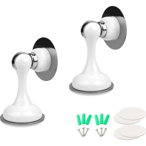 Lot de 2 butées de porte magnétiques en acier inoxydable, avec adhésif et vis. Idéales pour couloir, chambre, cuisine et salle de bain. Dimensions : 80 x 55 x 55 cm (blanc). (1/5)