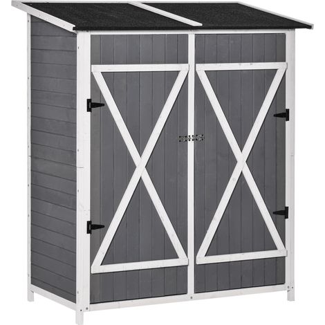 Armoire de jardin en sapin gris et blanc avec toit en asphalte, 2 portes, 139x75x160 cm (1/5)