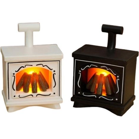 Chimenea para casa de muñecas de 2 piezas con luz LED de llama, Chimenea miniatura a escala 1/12, funciona con pilas, Blanco, Negro (1/5)