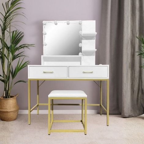 Toeletta da trucco con specchio led e sgabello 94X43X140H colore bianco lucido Aurora